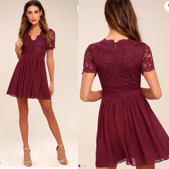 Lulus Dresses & Skirts - Lulus Angel in Disguise Burgundy Lace Skater Dress Size XS